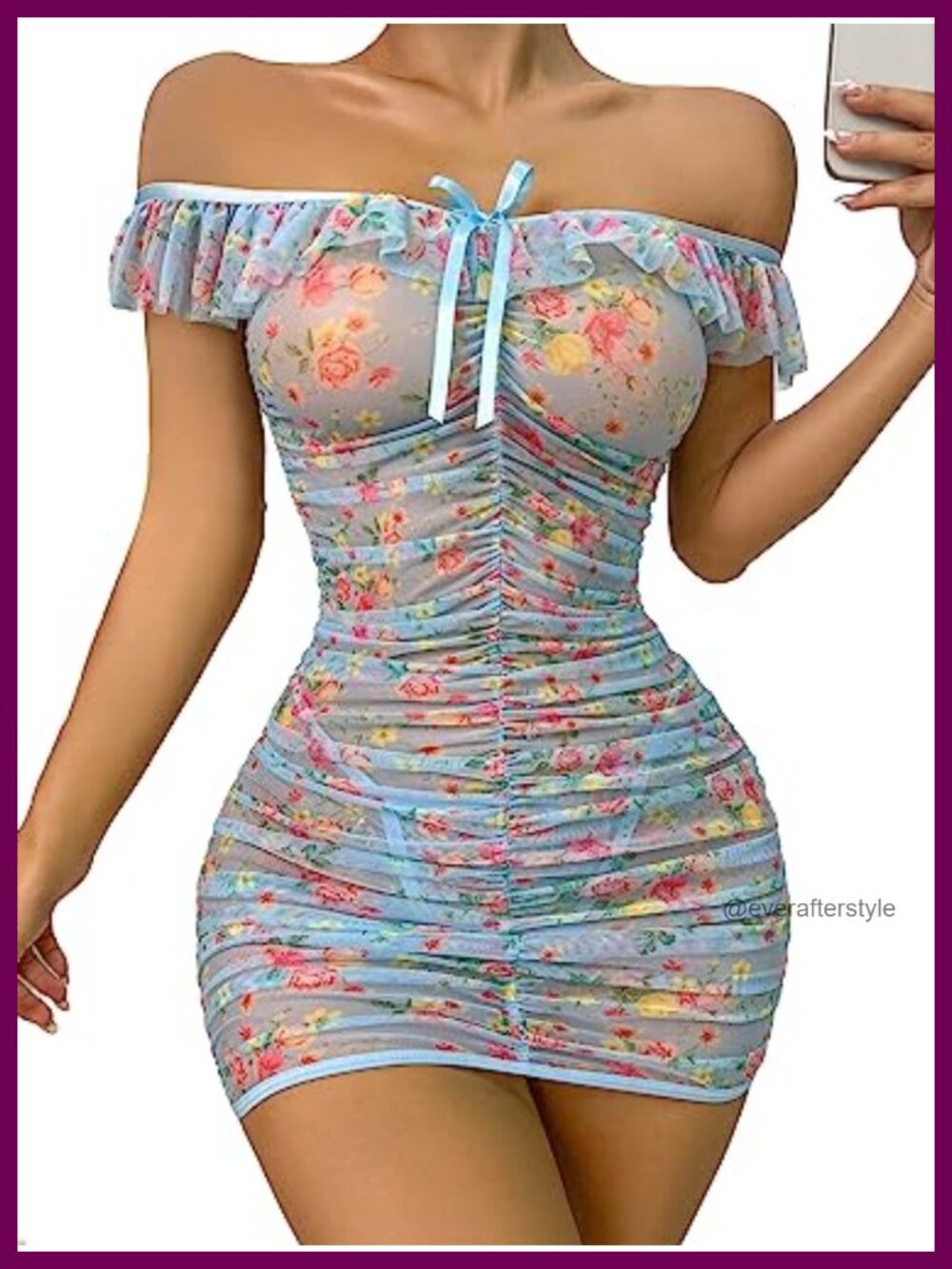 Women's Floral Print Ruched Mesh Babydoll Lingerie Set with Thong